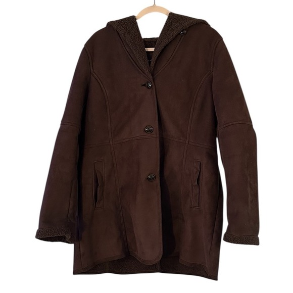 LL Bean Jacket Womens Large Brown Faux Suede Sherpa Lined Hooded Coat Mid Length